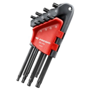 SET 8 HAAKSE LANGE TORX® SLEUTELS MET KOGELKOP IN HOUDER T10 TOT T45